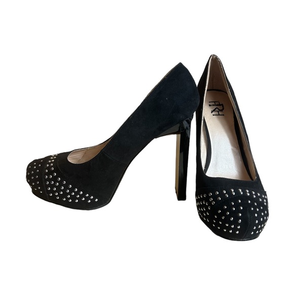 Black Platform High Heels Size 8.5 Womens Block Heel 4.5” Faux Suede Studded - Picture 4 of 11